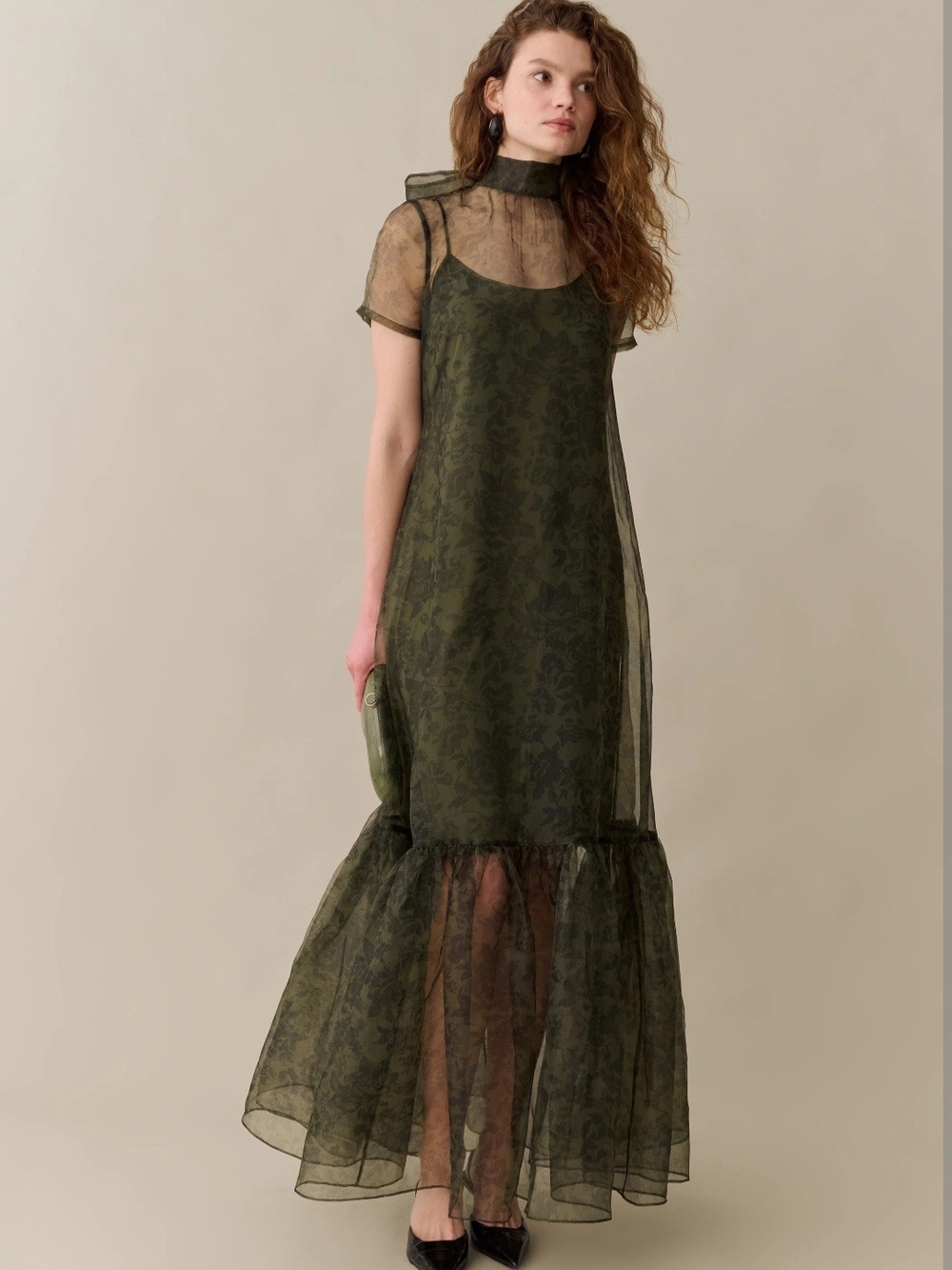 Few Moda Olive Sheer Overlay Maxi Dress